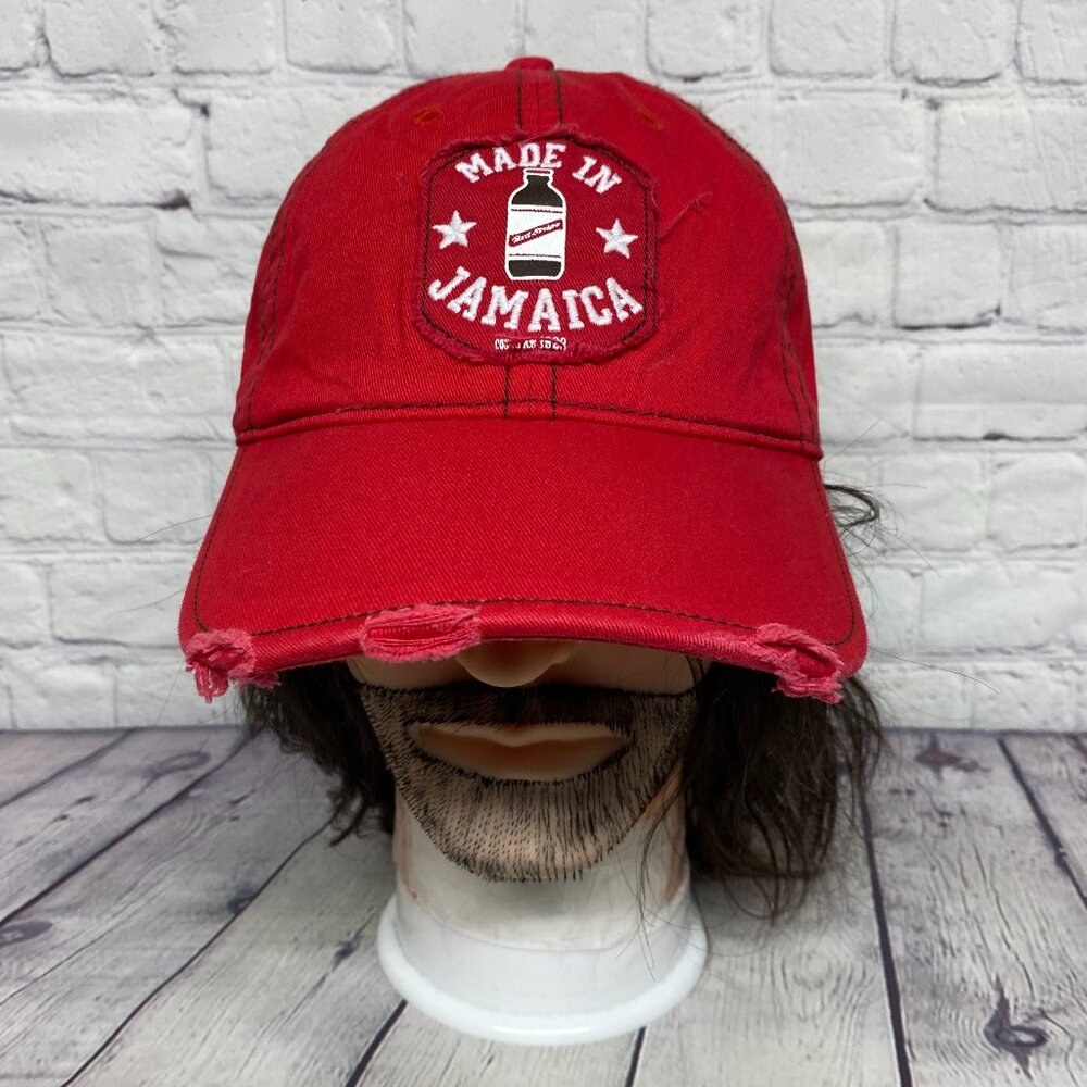 Distressed Dad Hat Cap Red Stripes Maid in Jamaica Since 1928 Patch Jamaican